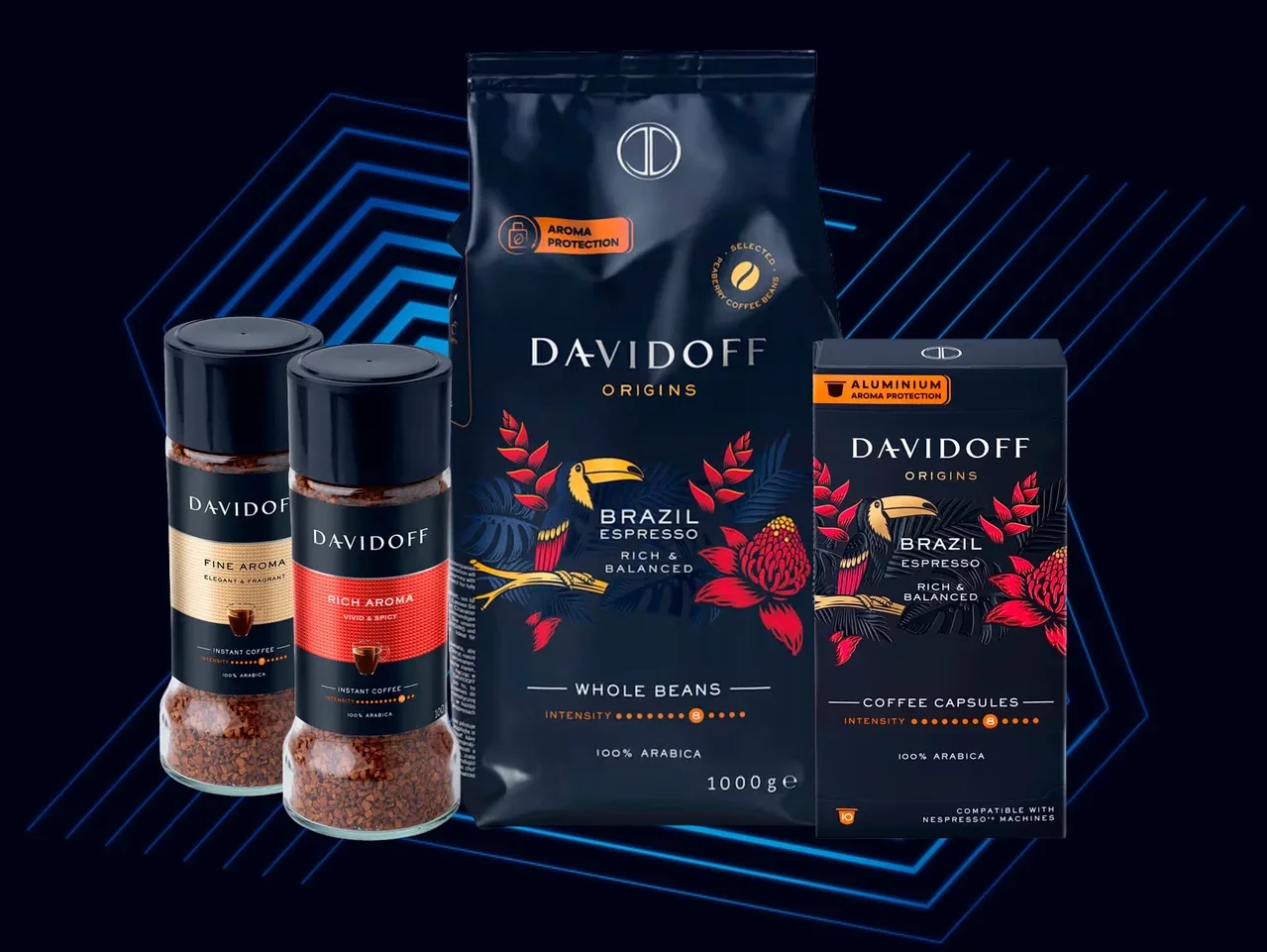 Koyu bir arka plan üzerinde dört Davidoff kahve ürünü: iki kavanoz hazır kahve (Fine Aroma ve Rich Aroma), 1000g Origins Brazil Espresso çekirdek kahve paketi ve bir kutu Origins Brazil Espresso kahve kapsülü.
