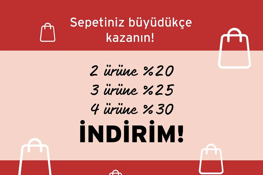 Kırmızı ve açık pembe arka plan üzerinde beyaz alışveriş çantası simgeleri. Metin: "Sepetiniz büyüdükçe kazanın! 2 ürüne %20, 3 ürüne %25, 4 ürüne %30 İNDİRİM!"