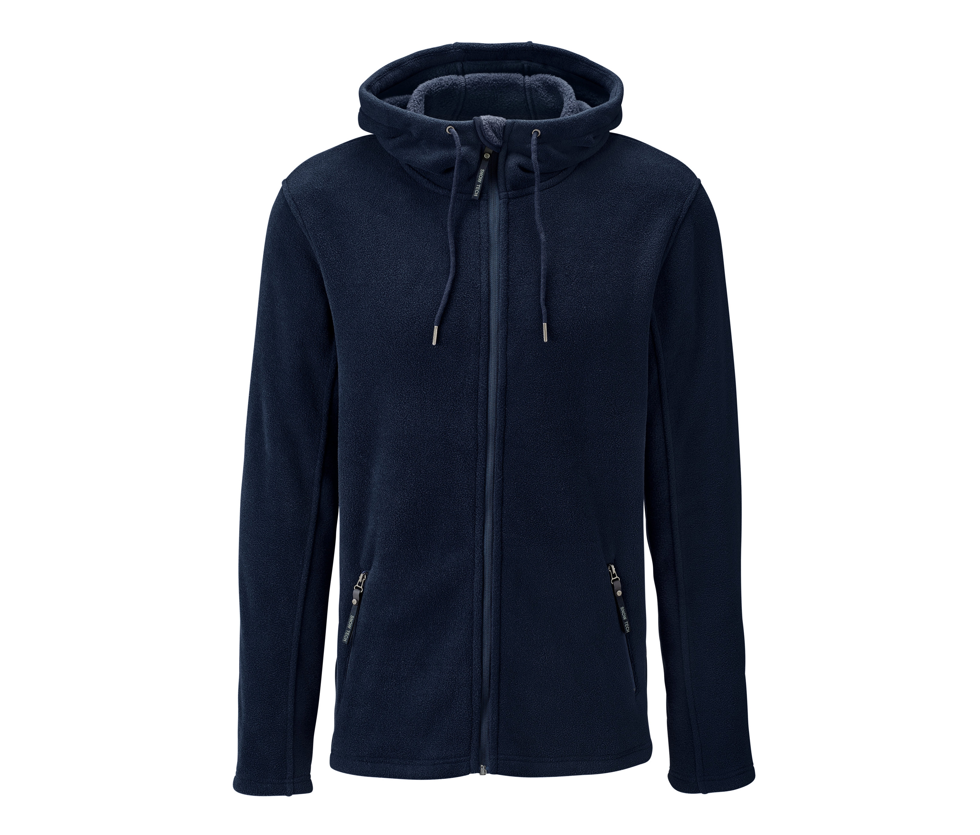 Lacivert, fermuarlı ve kapüşonlu termal polar mont.