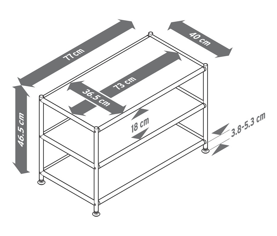Üç raflı ve boyutları belirtilmiş, açık metal CN3 sehpa şeması.