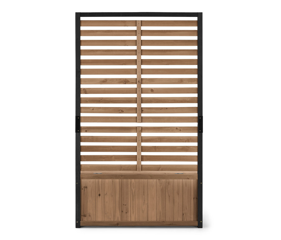 Yatay lamelli ve siyah çerçeveli Sandıklı Banklı Paravan Modülü »Elin«.