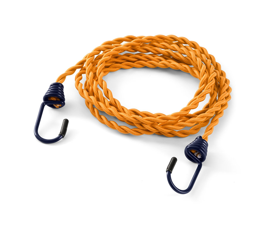 Mavi kancalı turuncu kamp çamaşır ipi.