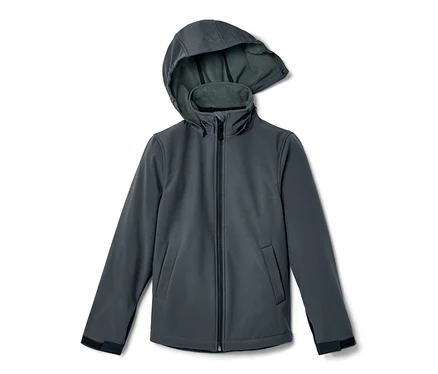 Gri çocuk softshell ceket, fermuarlı ve kapüşonlu.