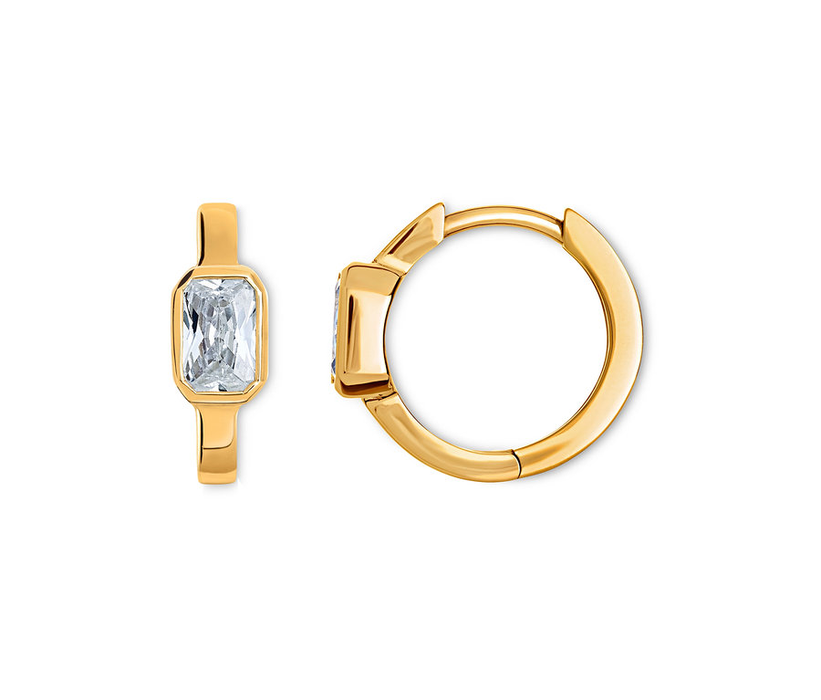 Dikdörtgen, şeffaf taşlı iki altın küpe.