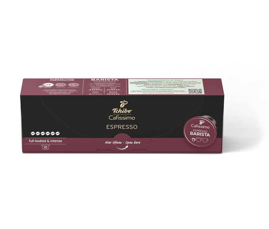 Bir paket Cafissimo BARISTA Espresso, 10 kapsül içerir. Ambalajı koyu kahverengi, orta kısmı siyah ve üzerinde Cafissimo ESPRESSO yazısı bulunur.