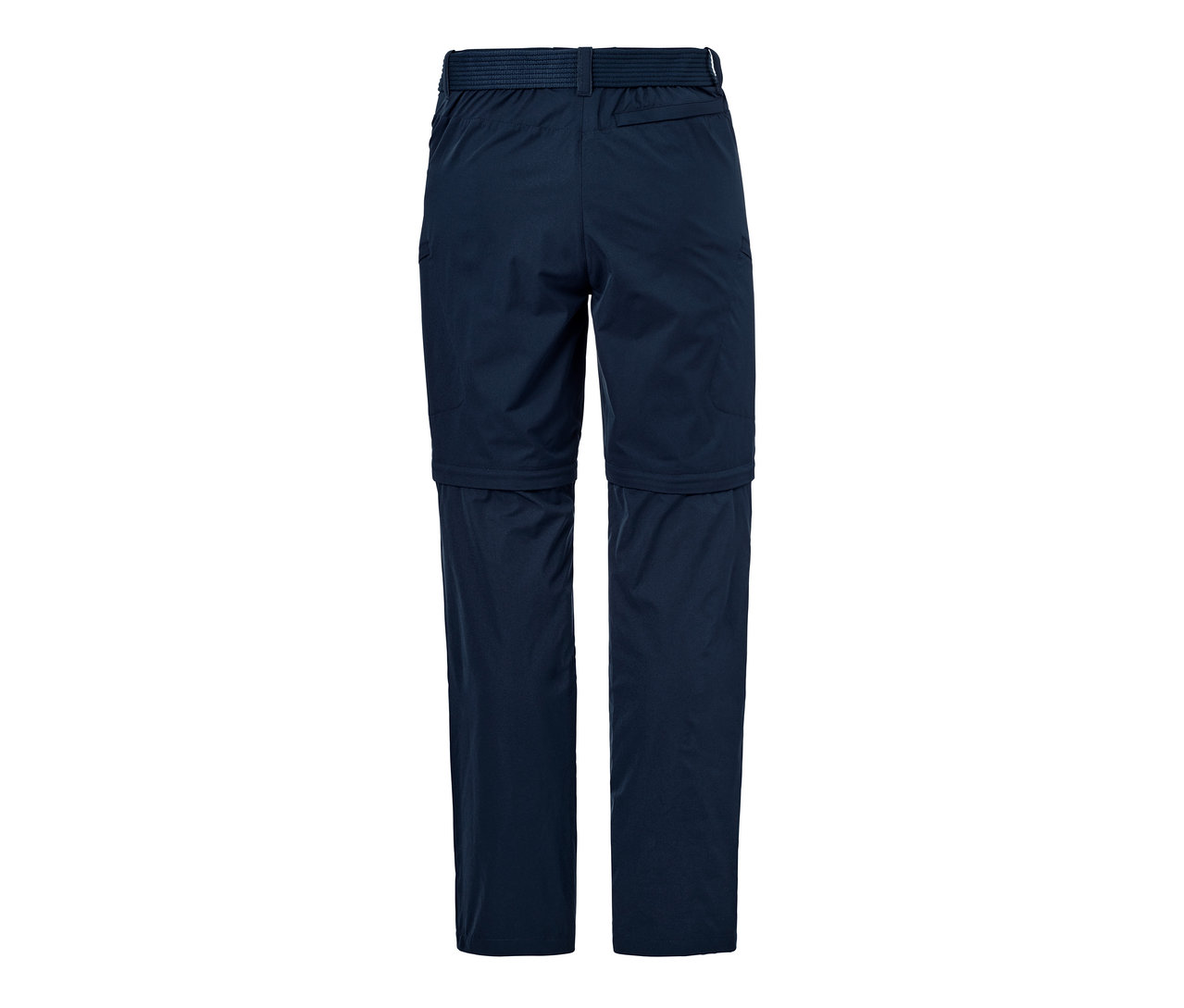 Diz kısmında fermuarı olan koyu mavi renkli 2'si 1 arada fonksiyonel pantolon.