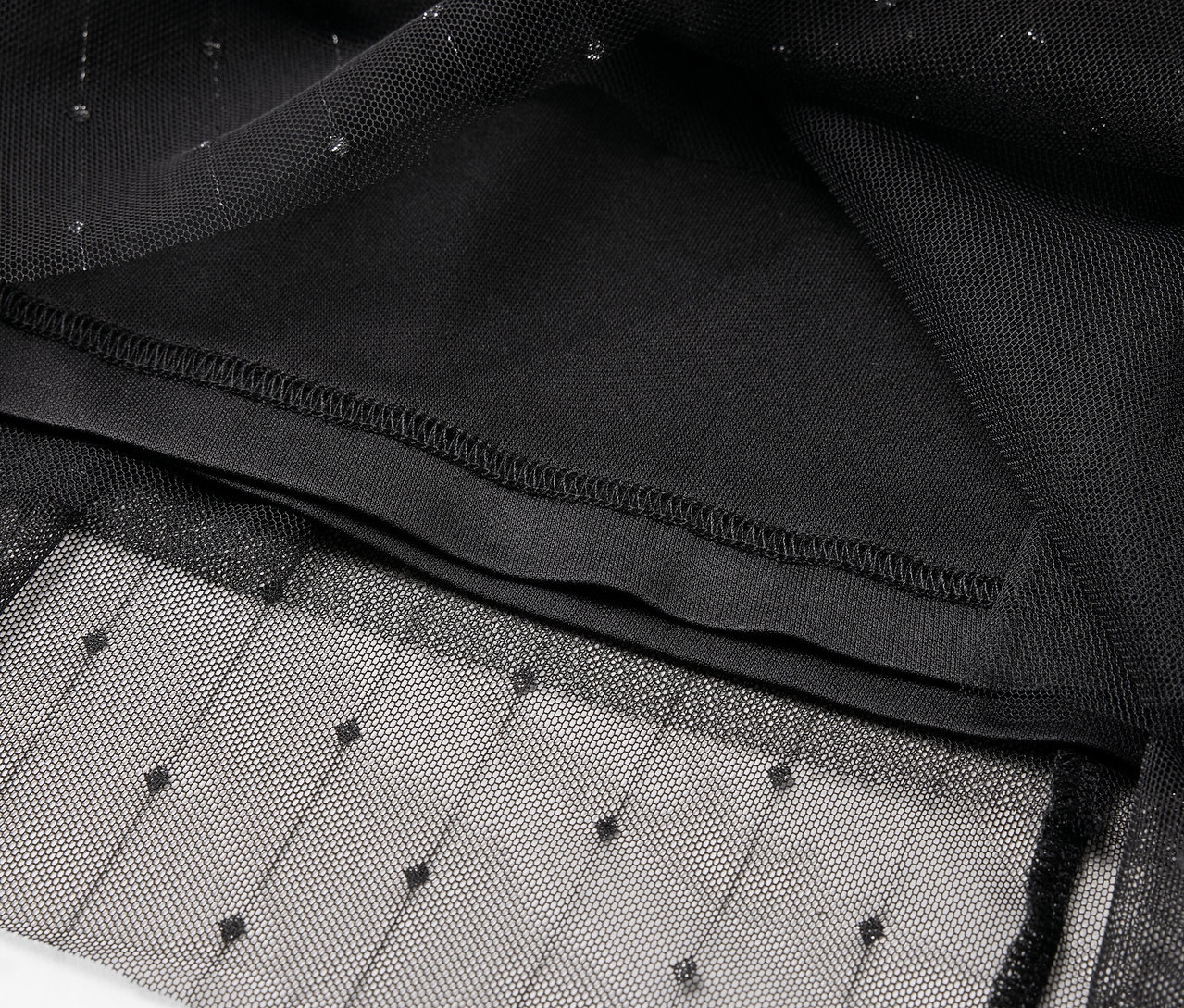 Puantiye desenli ve iç astarlı siyah tül giysi detayı.