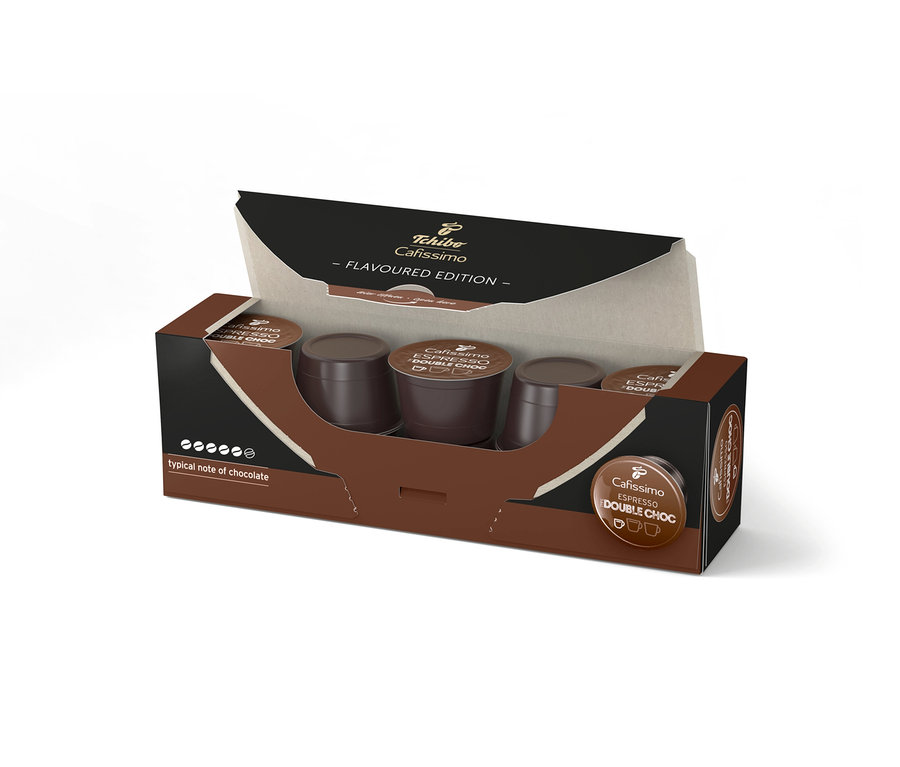 İçinde kapsüller bulunan, açılmış Cafissimo Flavoured Espresso – Double Choc kapsül paketi.