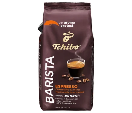 Bir fincan espresso resmi olan bir paket Barista Espresso kahve çekirdekleri.