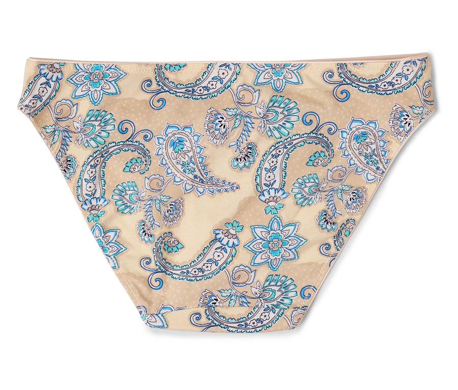 Bej arka üzerinde mavi çiçek desenli pantolon.