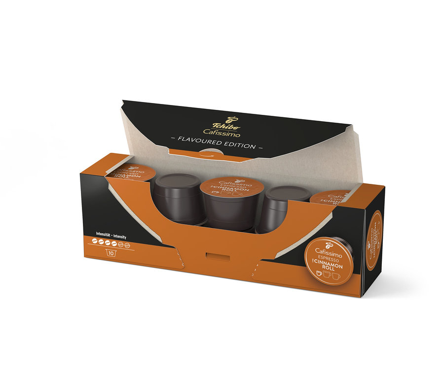 Kahverengi kahve kapsülleriyle birlikte açık Cafissimo Flavoured Espresso Cinamon Roll - 10 Kapseln paketi.