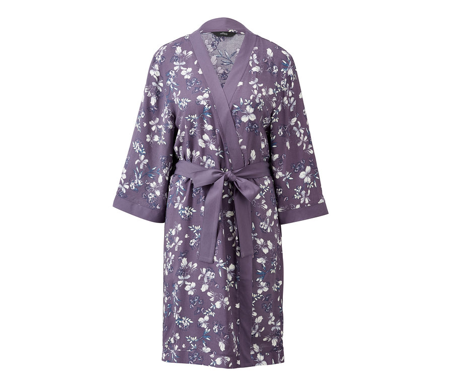 Çiçek desenli ve kuşaklı mor Kimono Sabahlık.