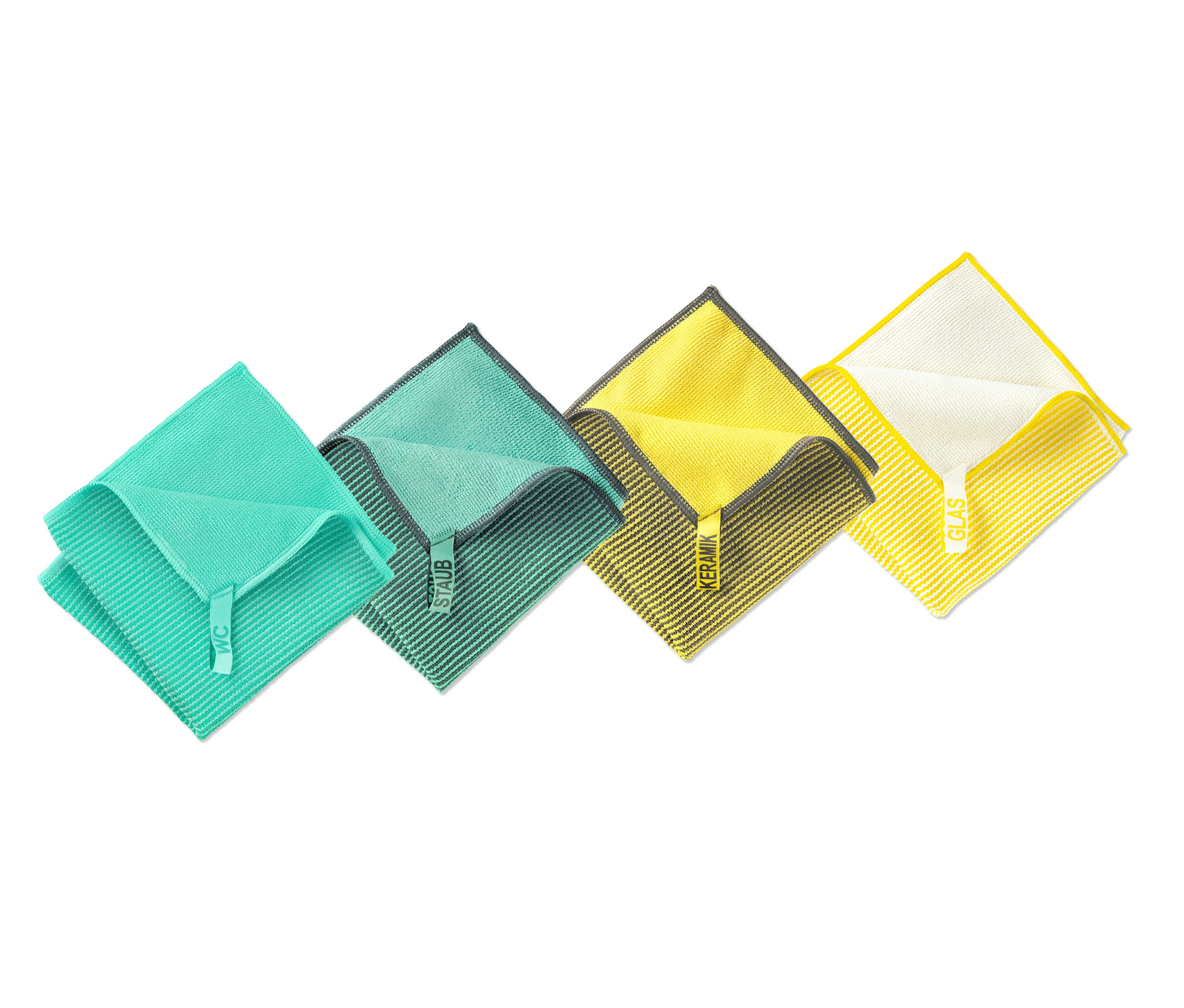 Yeşil, koyu yeşil, sarı ve sarı-beyaz renklerde dört adet genel temizlik bezi seti.