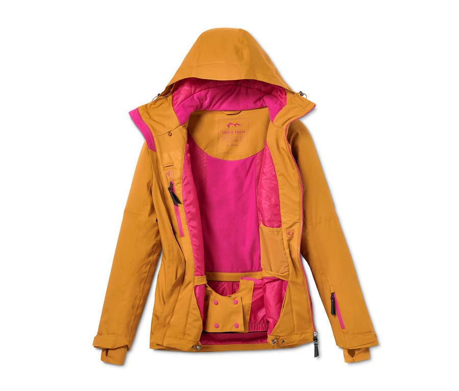 Açık, hardal sarısı kayak montu, pembe astarlı.