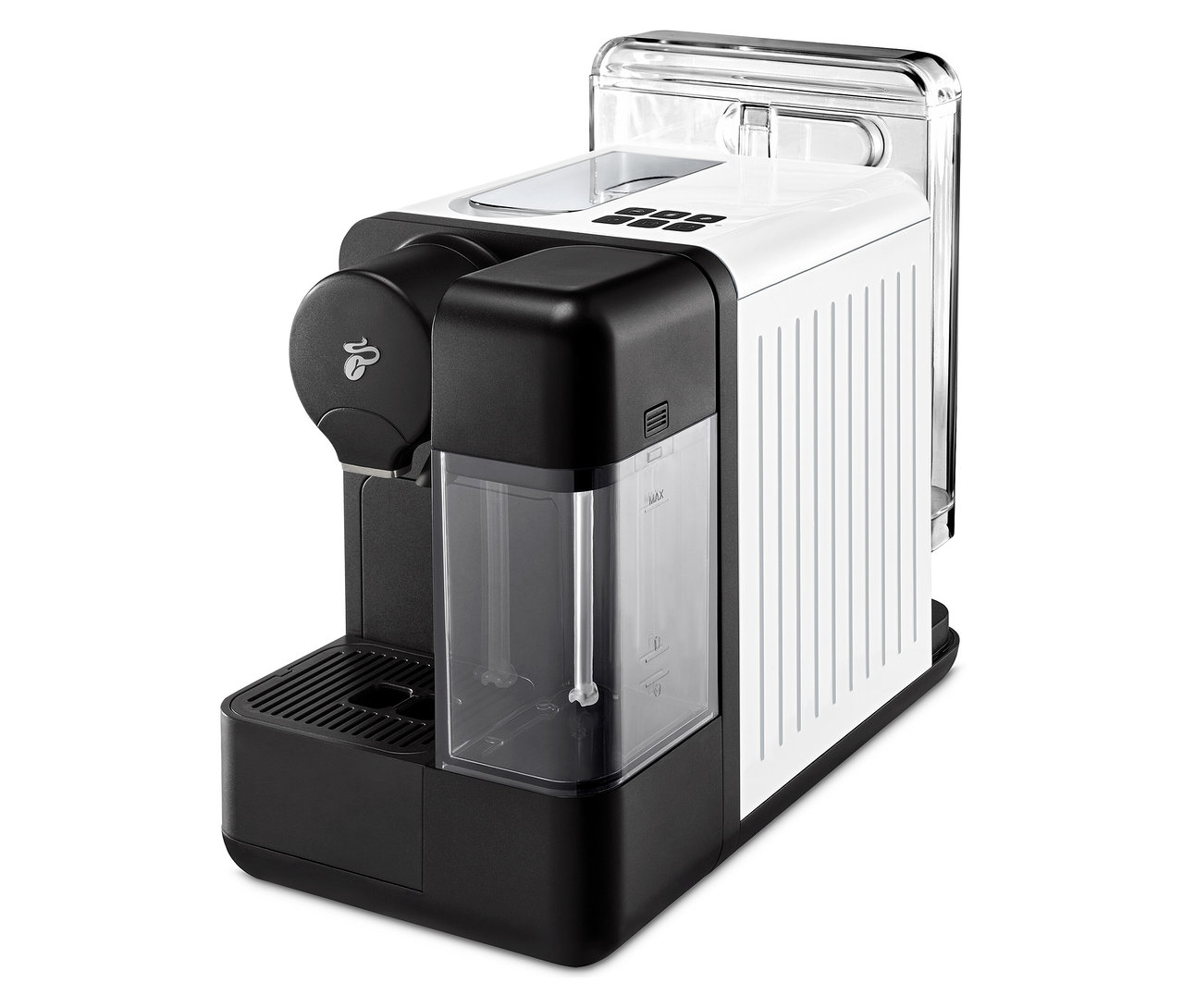 Önden siyah beyaz Cafissimo milk, Beyaz kahve makinesi.