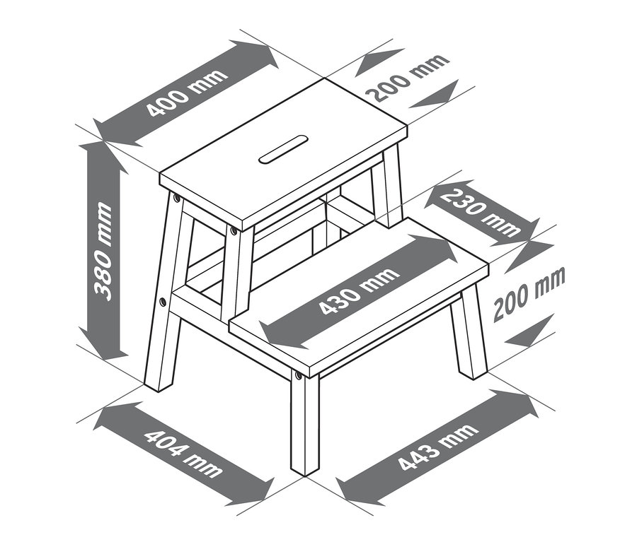 Kauçuk basamaklı tabure çizimi, ölçülerle birlikte.