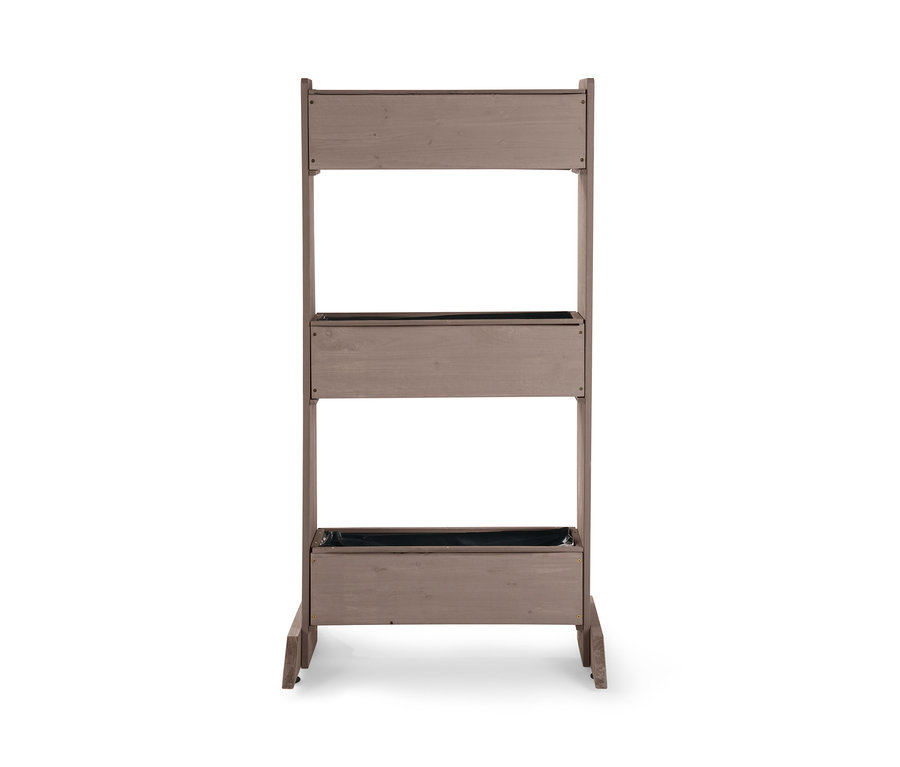 Beyaz bir arka plan üzerinde üç katlı »JONTE« dikey saksı standı.