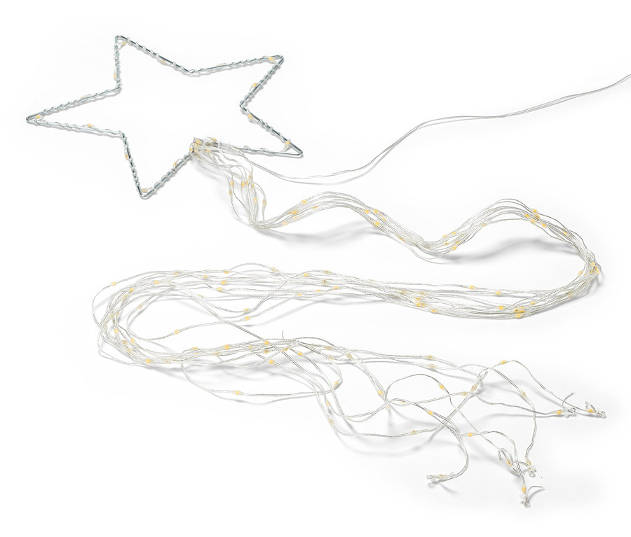 Beyaz bir arka plan üzerinde basamaklı ışıkları olan LED silüet yıldız.