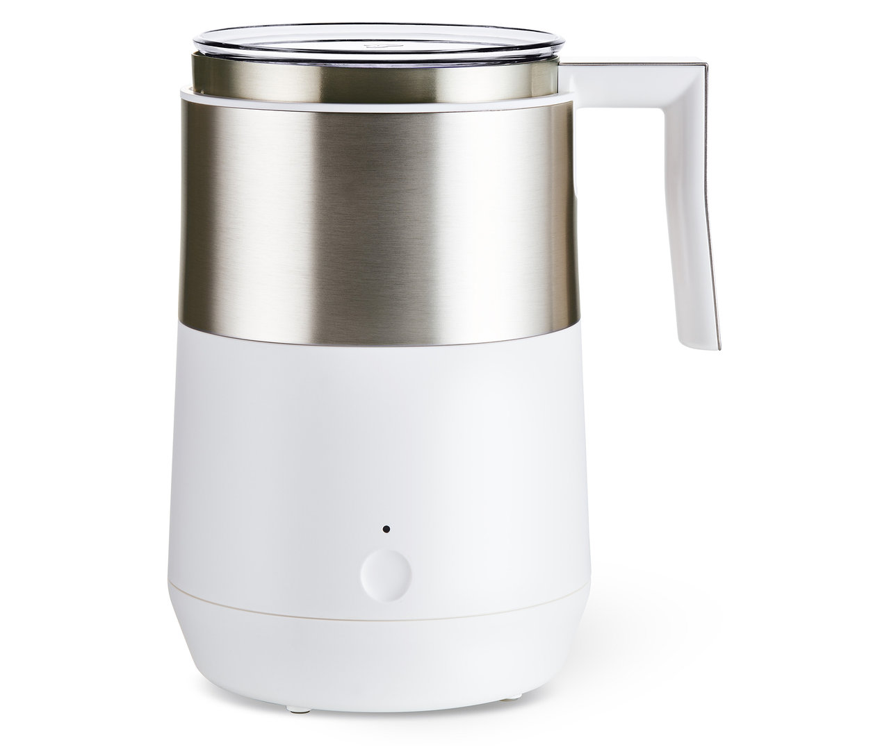 Paslanmaz çelik üst kısmı ve beyaz sapı olan krem rengi indüksiyonlu süt köpürtücü.