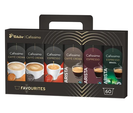 Çeşitli kahve kapsülleri içeren bir Cafissimo Favourites Collection paketi