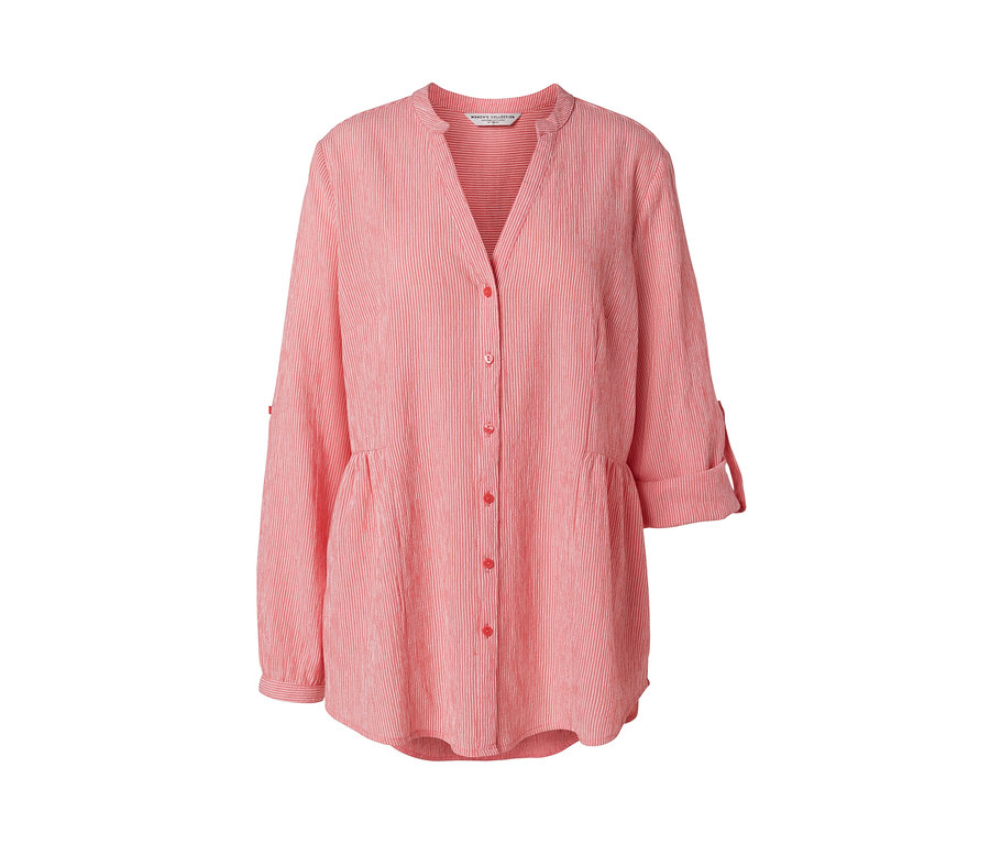 Mercan rengi, çizgili, düğmeli ve katlamalı kollu uzun tunik.