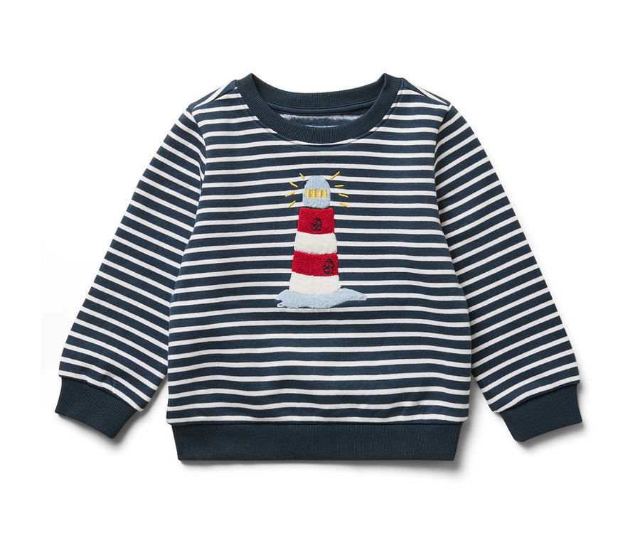 Mavi, çizgili, deniz feneri aplikeli, içi şardonlu bebek sweatshirt.