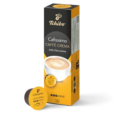 Bir Cafissimo Caffè Crema mild kutusu ve önünde bir kapsül. Pakette 10 kapsül bulunmaktadır.