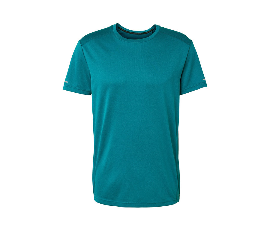 Turkuaz fonksiyonel tişört beyaz arka planda.