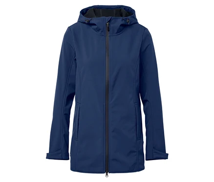 Kapüşonlu ve ortasında fermuarı olan lacivert softshell ceket.