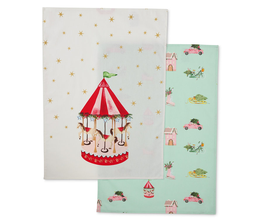 İki kumaş mutfak bezi: biri atlı karınca desenli, diğeri kış temalı.