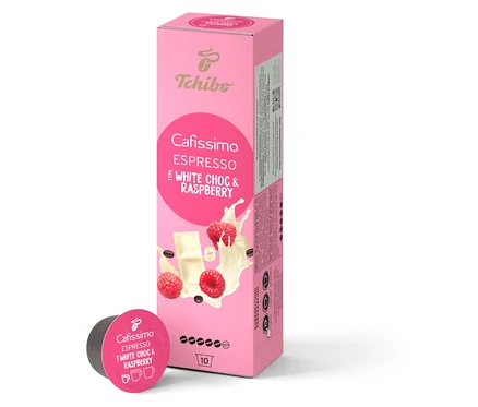 Bir paket Cafissimo Flavoured Espresso - Beyaz Çikolata ve Ahududu - 10 kapsül. Yanında tek bir kapsül duruyor.