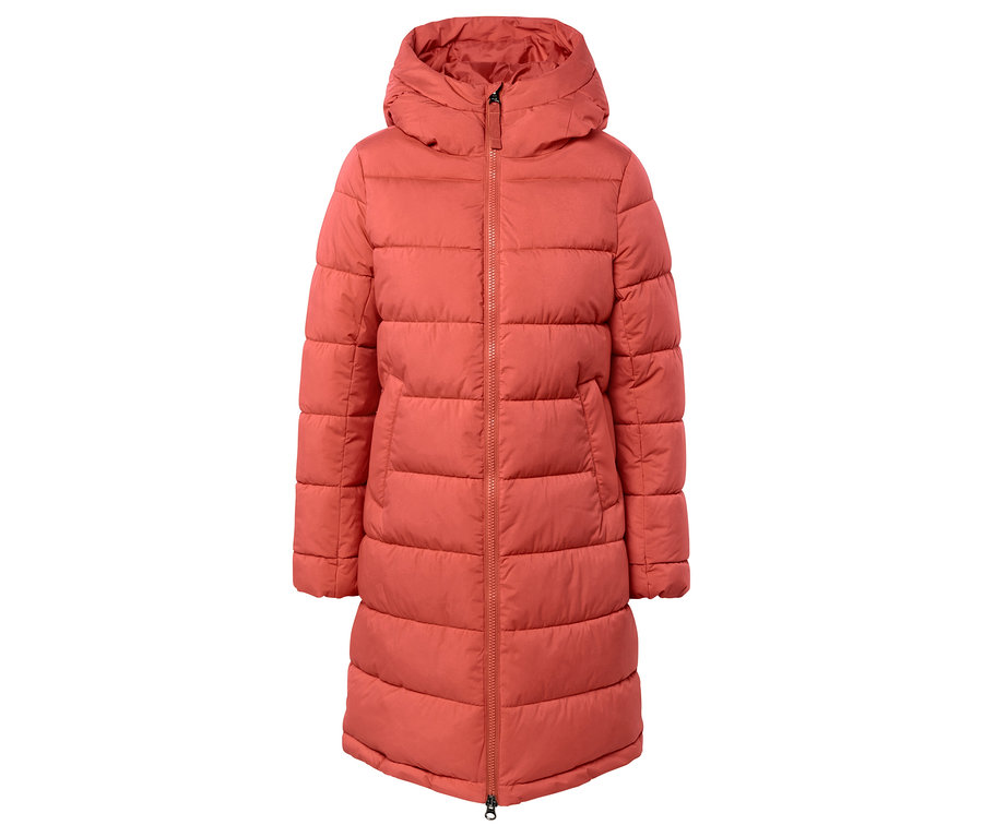 Turuncu kapüşonlu şişme montun ortasında fermuar bulunur.