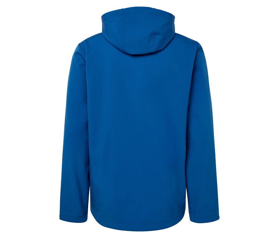 Mavi kapüşonlu bir ceketin arka görünümü.