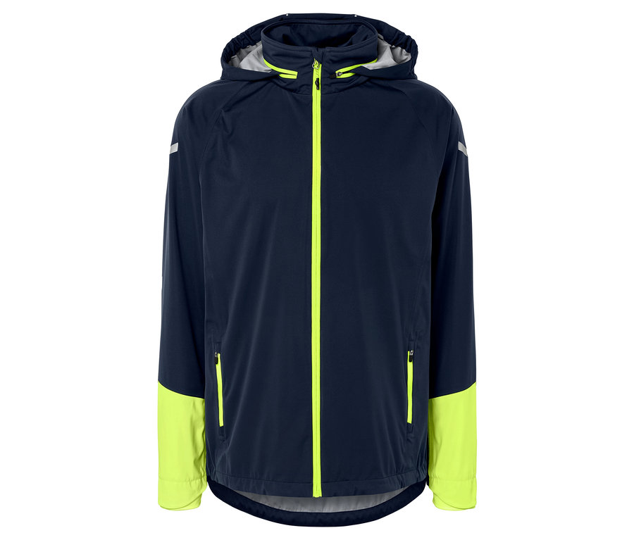 Sarı detayları ve kapüşonu olan lacivert bir ceket