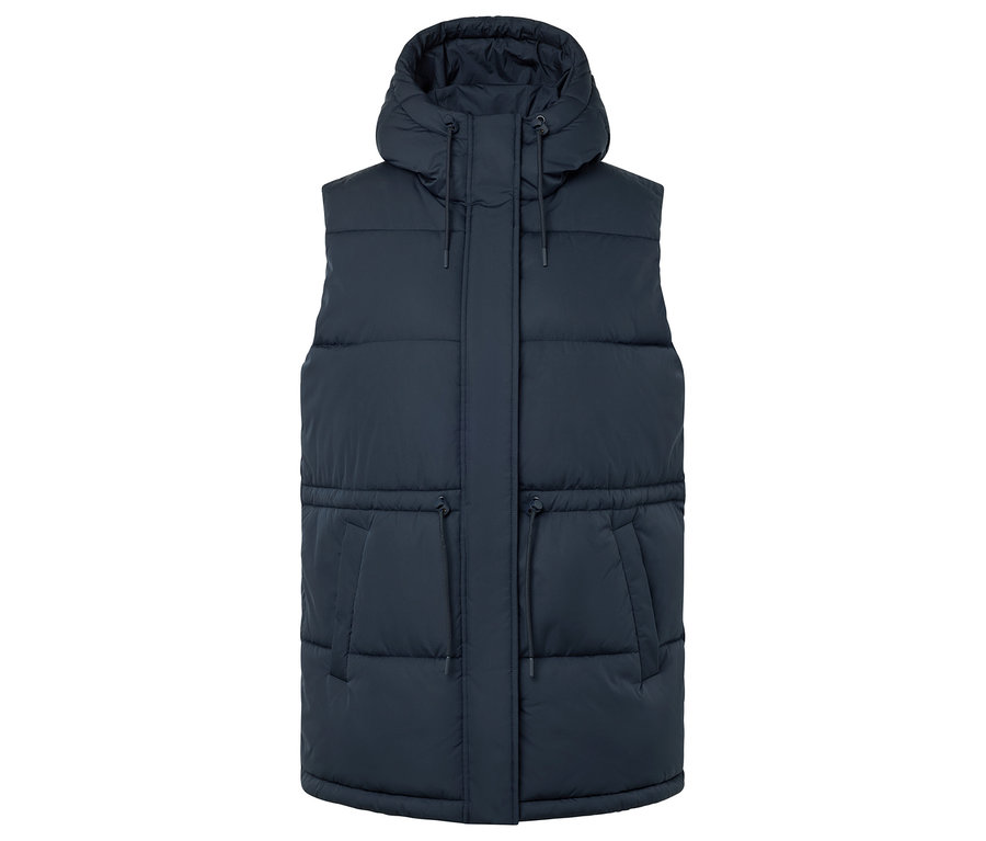 Kapüşonlu lacivert renk kapitone yelek.