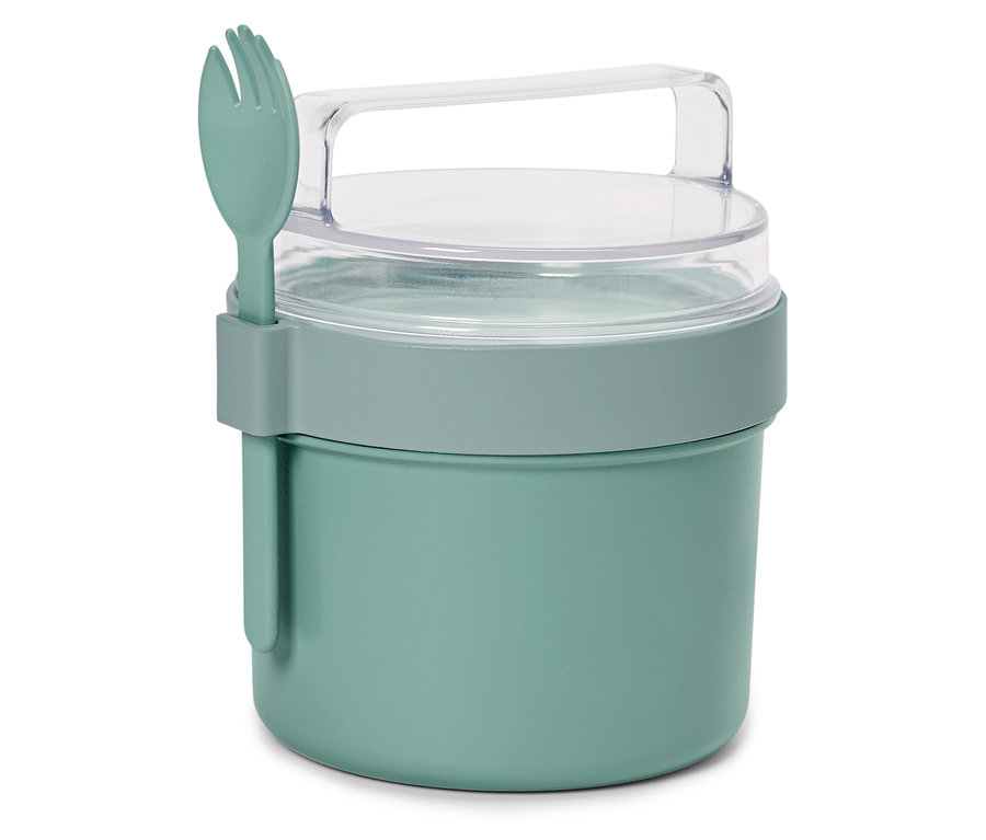 Yan tarafına takılmış çatalla birlikte yeşil yemek kabı.