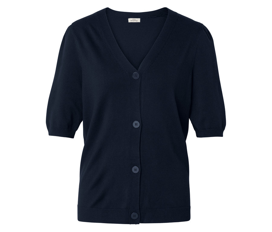 Lacivert, kısa kollu, V yakalı, beş düğmeli hırka.