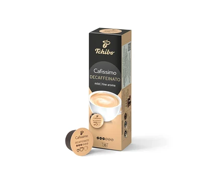 Bir kutu Caffè Crema Decaffeinato Kapsül Kahve - 10 Kapsül, tek bir kapsülün yanında duruyor.