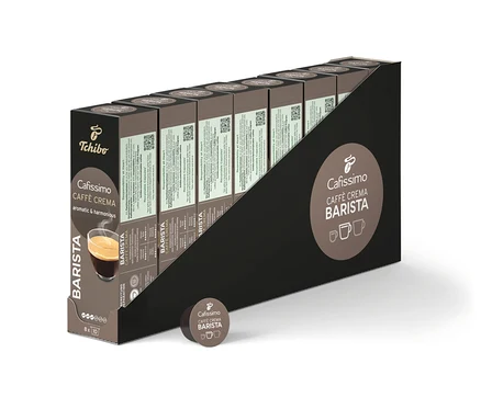 Sıra sıra Cafissimo BARISTA Caffè Crema kahve kapsülü paketleri.