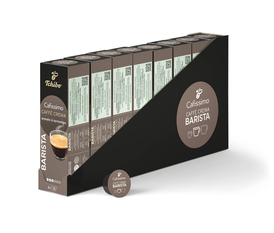 Sıra sıra Cafissimo BARISTA Caffè Crema kahve kapsülü paketleri.