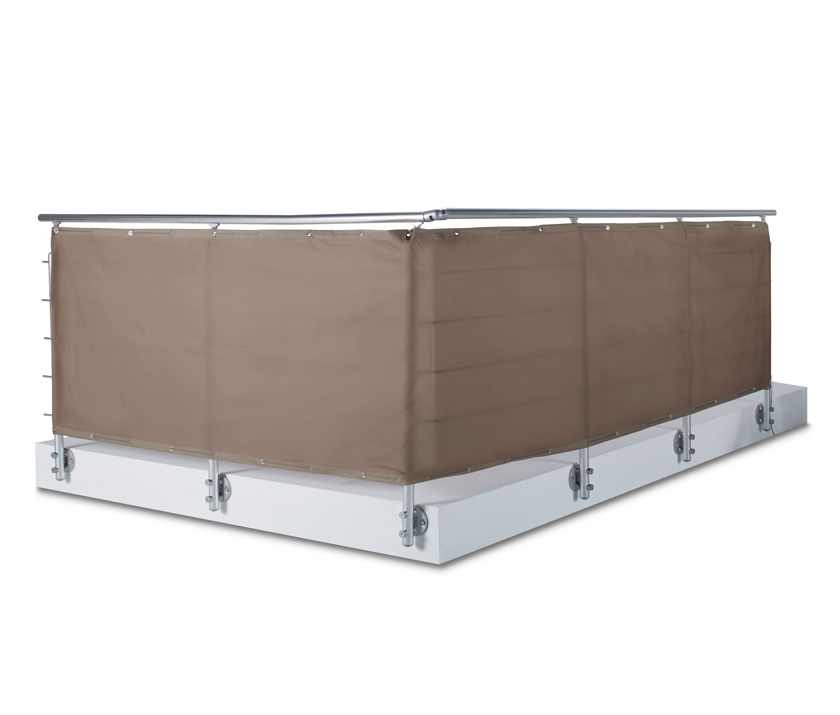 Gümüş bir çerçeveye tutturulmuş kahverengi bir Balkon Paravanı ve Rüzgarlık.