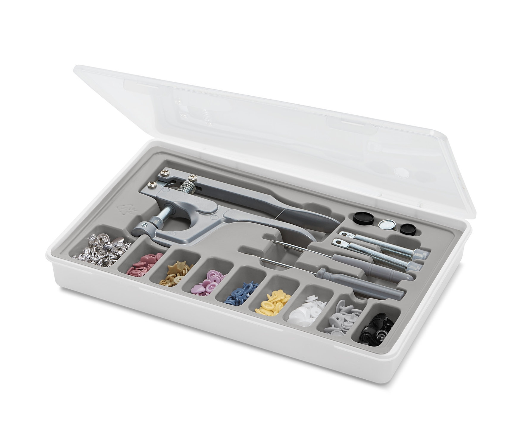 Şeffaf kapaklı beyaz plastik kutuda Çıt Çıt Düğme Seti.