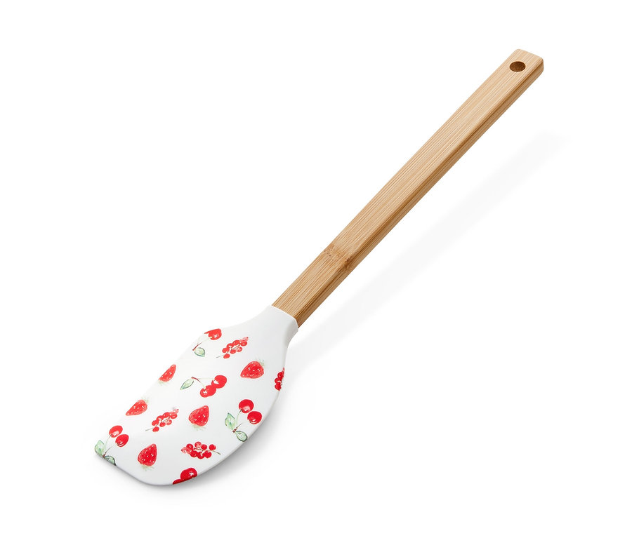 Meyve desenli silikon uçlu ve ahşap saplı hamur spatulası.
