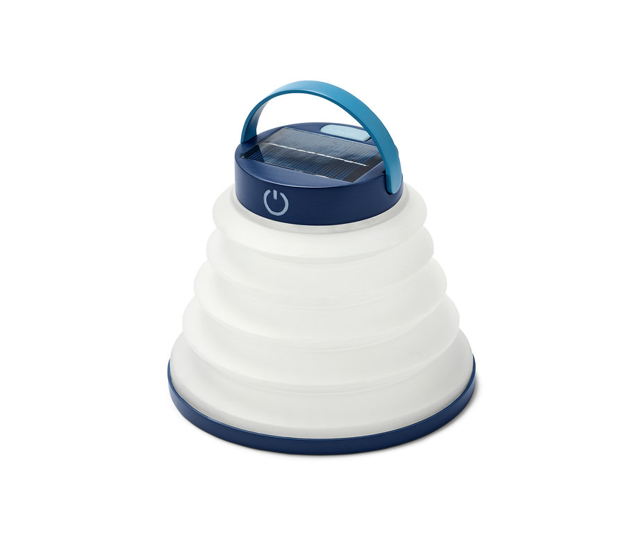 Mavi renkli, katlanabilen, USB'li, güneş panelli ve beyaz ışık dağıtıcılı fener.