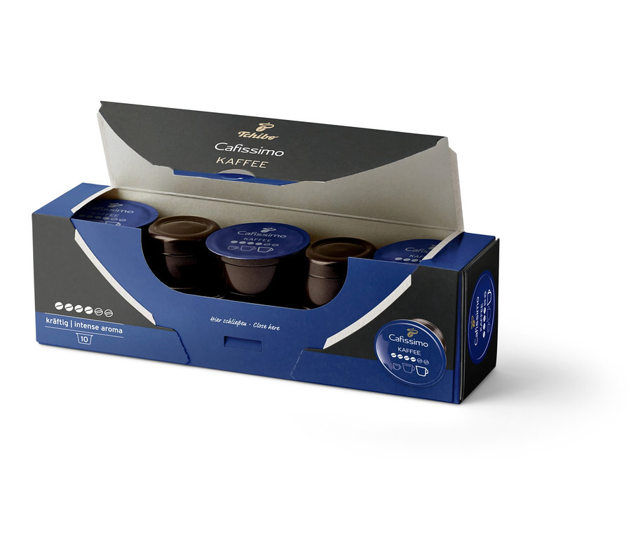 Mavi karton kutuda 10 kapsüllük Cafissimo Kahve Intense Aroma paketi.