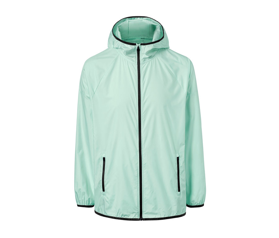 Fermuarlı ve kapüşonlu, naneli yeşili koşu ceketi.