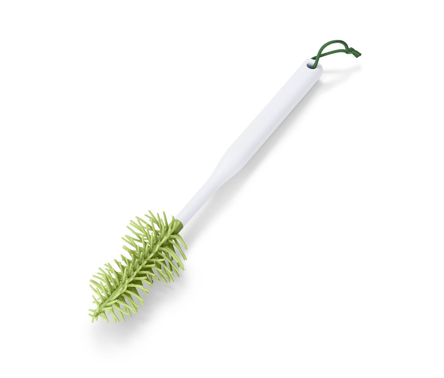 Beyaz saplı ve yeşil kıllı şişe ve bardak temizleme fırçası.