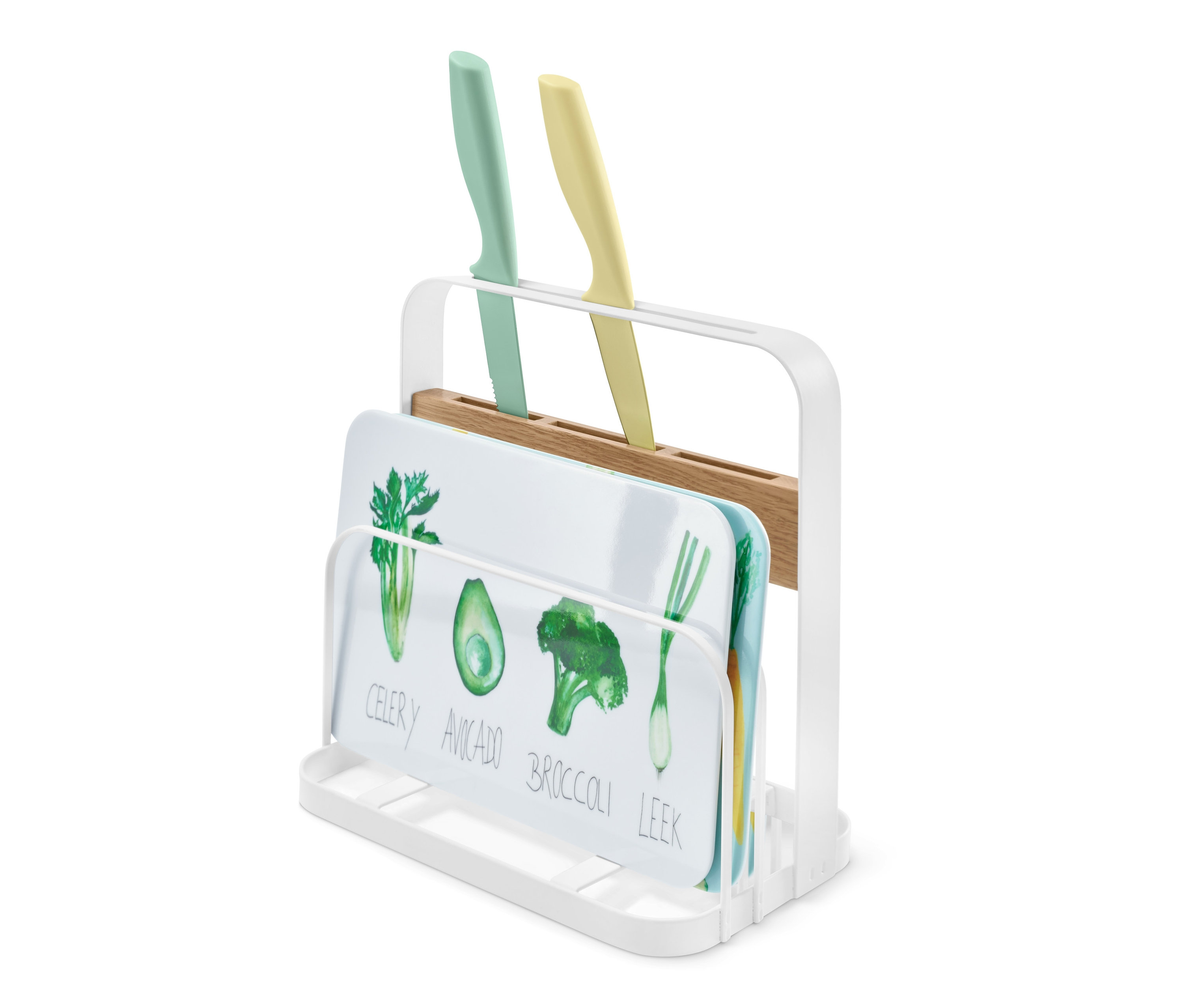 Yeşil ve sarı bıçaklı ve sebze baskılı kesme tahtaları olan Bıçak ve Kesme Tahtası Standı.