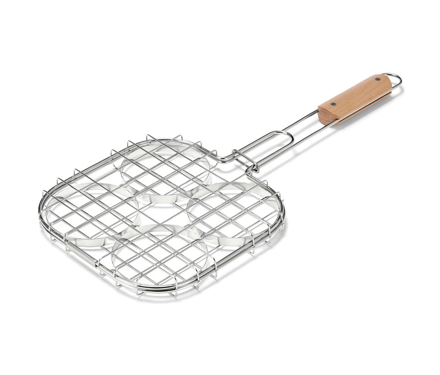 Dört yuvarlak girintili ve ahşap saplı BBQ Burger Izgara Teli.