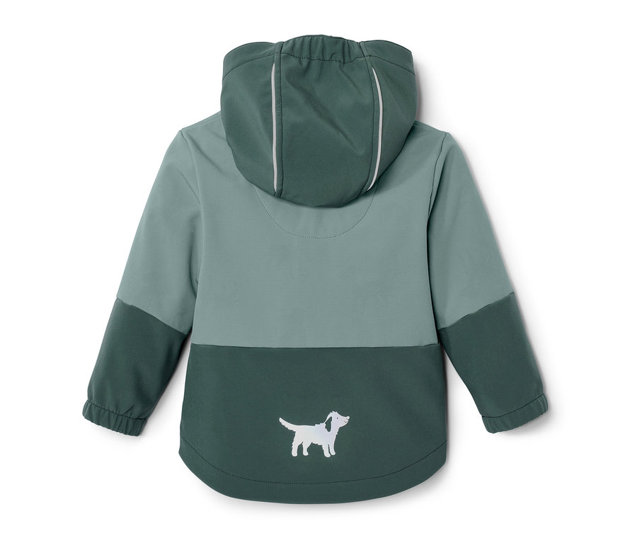 Yağmurda renk değiştiren yeşil çocuk softshell montun, kapüşonlu ve köpek desenli arka görünümü.